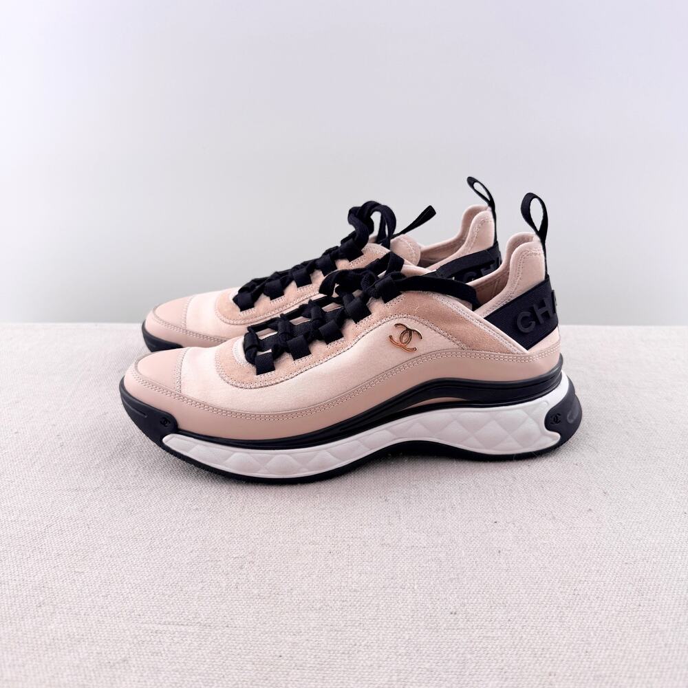 Chanel Suede Calfskin Nylon Grosgrain CC Low Top Sneakers Light Pink Women EU 39
